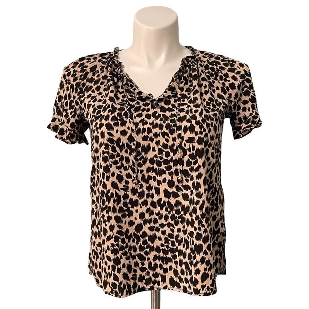LIZ Claiborne Career Leopard Print V-Neck‎ Ruffled Detail Blouse Top S-Black/Tan